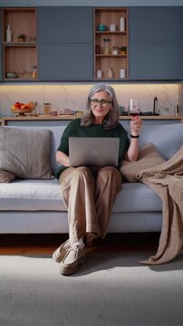 Senior woman holds wine glass and laptop sitting on sofa at home