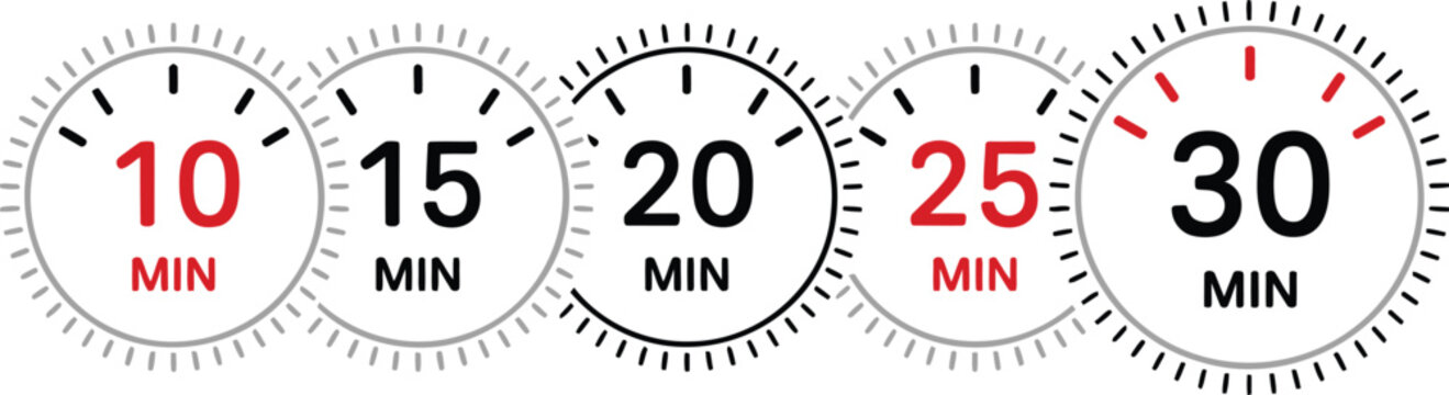 Five circular clock face showing ten fifteen twenty five and thirty minutes with alternating red and black numbers and tick marks arranged in a horizontal row on a white background