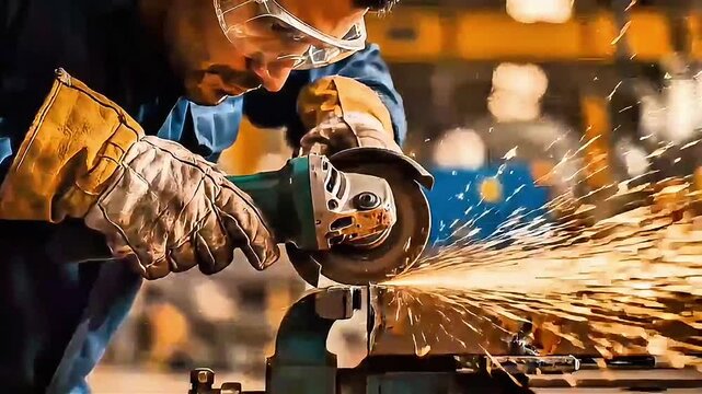 ''Close-up of Professional Worker Grinding Metal with Power Tool and Bright Sparks''