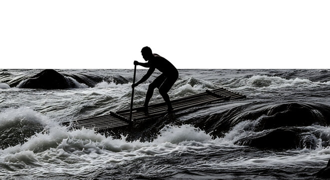 A silhouette of a person standing on a raft in rough seas, holding a long pole to navigate through the turbulent water.