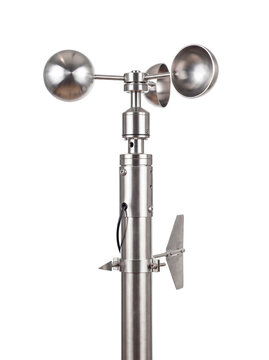 An anemometer measuring wind speed outdoors against a plain background