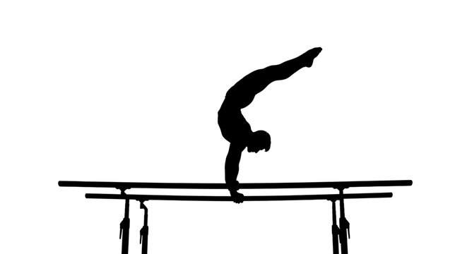 A gymnast performs a backflip on the parallel bars in a sleek black silhouette against a white background