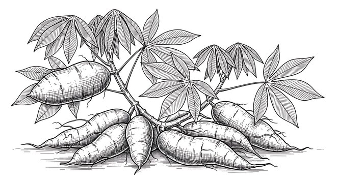 Cassava plant with leaves and roots.