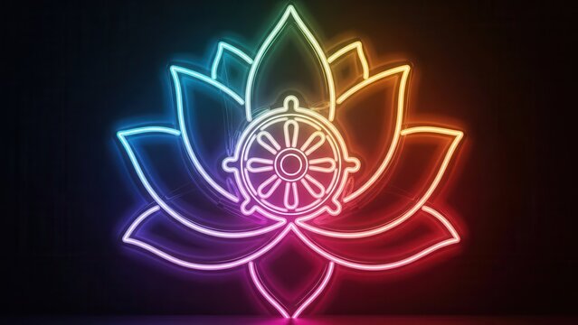 Vibrant neon lotus and dharma wheel glowing with captivating spiritual energy