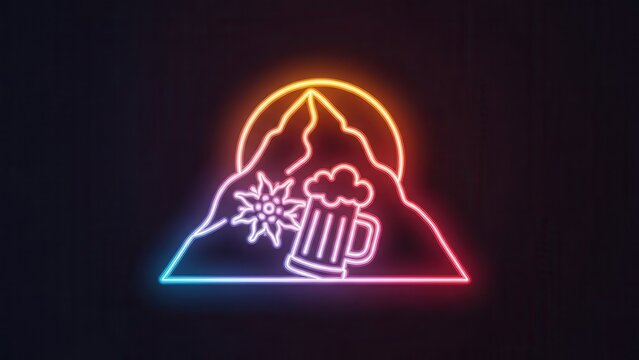 Dynamic neon glow logo featuring alpine mountains, an edelweiss flower, and a frothy beer mug design