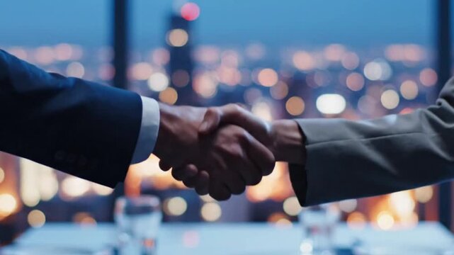 Closeup of a professional business handshake between two colleagues in a modern office with city lights background