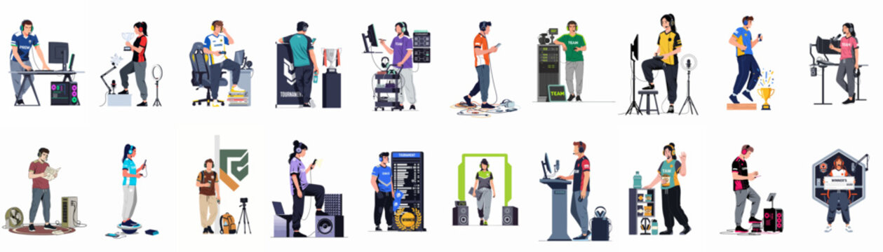 Large collection of flat vector illustrations depicting professional esports players, streamers, and tournament staff in various competitive gaming scenarios and roles.