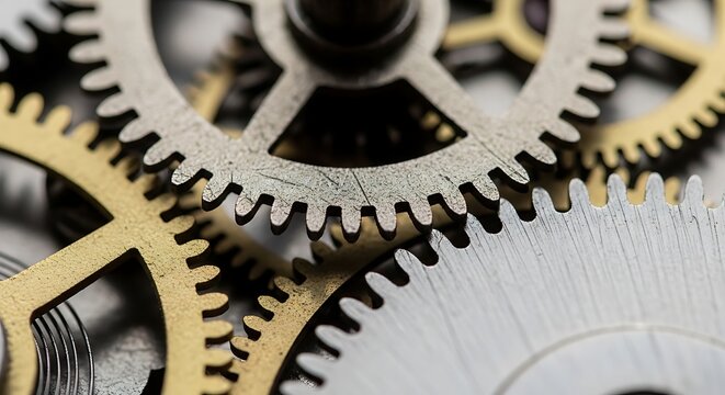 Extreme close-up of mechanical clock gears showing teeth and worn metal texture, high detail industrial macro highlighting precision engineering and time mechanism concept.