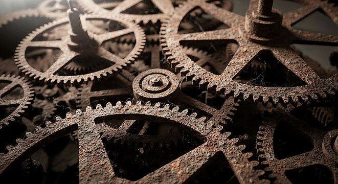 Old rusty clock gears with corrosion and scratches, grunge texture and moody lighting, industrial decay concept symbolizing aging machinery and worn mechanical history.