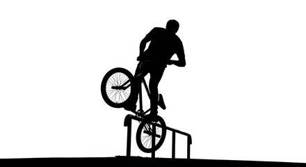 Naklejka premium A silhouette of a man performing a trick on a bicycle against a white background