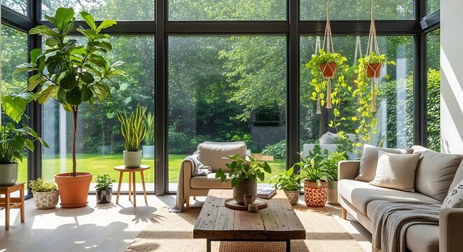 bright and airy conservatory featuring a variety of indoor plants, a sofa, and a coffee table, with a garden view.
