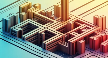 Fototapeta premium Abstract city architecture with layered structures and colorful gradient