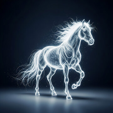 Powerful horse formed from flowing light and soft glowing particles