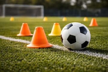 Naklejka premium Soccer ball with training cones on green grass field for football practice