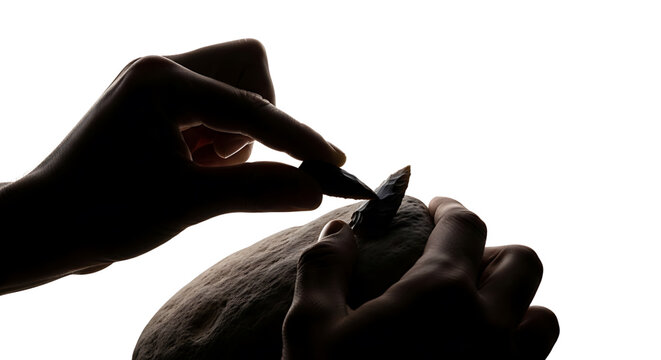 A silhouette of a person carving a sculpture with a chisel