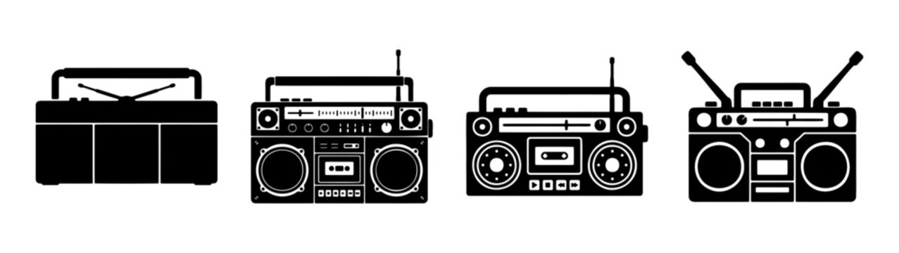 Vintage boombox radio collection: retro stereo systems and portable audio player vectors design