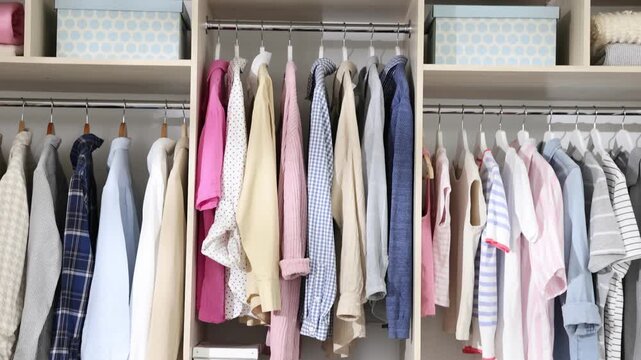Large wardrobe with different stylish clothes and home stuff. Camera moving up