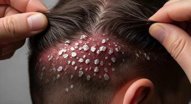 Scalp psoriasis flakes  inflamed skin closeup suitable for medical websites, skincare articles, dermatology publications, health blogs.