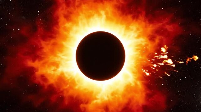A dramatic artistic representation of a solar eclipse with a dark moon silhouette surrounded by a glowing fiery corona in deep space