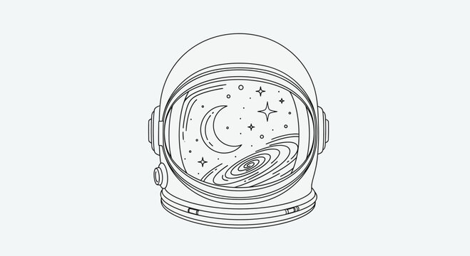 Astronaut helmet reflecting outer space with moon and stars, minimalist line art.