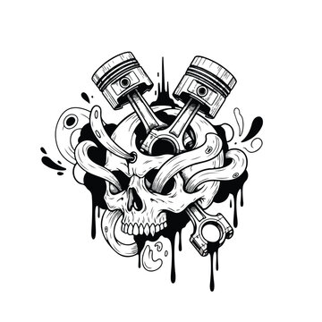 A stylized skull with two engine pistons emerging from the eye sockets, set against a black, dripping ink background with a bold, graphic illustration style