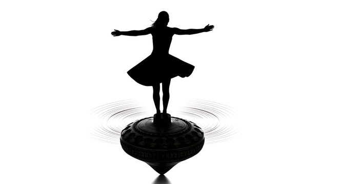 A silhouette of a woman standing on a spinning top with her arms outstretched in a dynamic pose