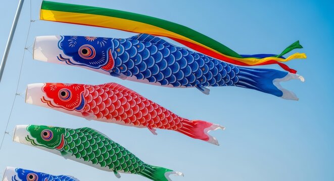 Vibrant carp streamers dance in the wind against a clear blue sky. Bright red, blue, and green fabrics feature intricate traditional scales, sky, blue, fluttering