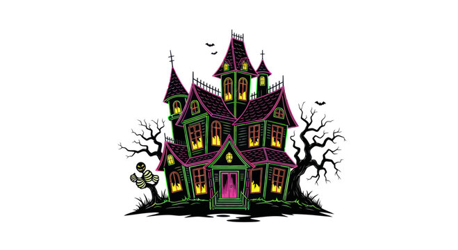 Spooky Haunted Mansion Halloween Illustration with Bats and Bare Trees