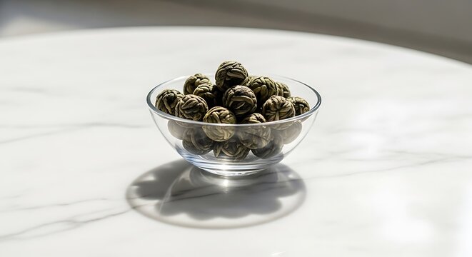 Small glass bowl filled with artisanal blooming tea balls on a white marble surface. gunpowder tea