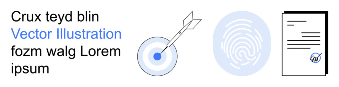 Accuracy, identity verification, security, authentication, document validity, privacy. Target with an arrow, fingerprint document with sealed mark. Accuracy and identity verification concepts