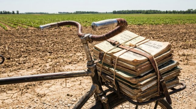 Worn Metal Grips of a Sturdy Bicycle Carrying a Large Stack of Farmer's Almanac and Soil Management Books in a Field