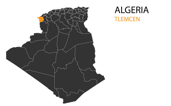Algeria png map with provinces, Algeria province map, Algeria Tlemcen, Algeria map vector map with Tlemcen highlight