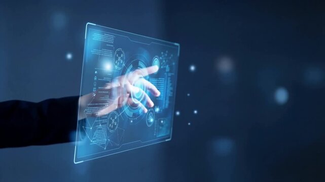 A close-up of a hand interacting with a glowing, transparent virtual interface.