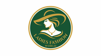 Fototapeta premium Circular logo for Ladies Fashion World featuring a stylized woman wearing a wide-brimmed hat and a necklace, in green and gold colors.