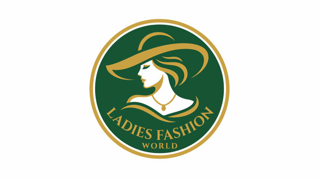Circular logo for Ladies Fashion World featuring a stylized woman wearing a wide-brimmed hat and a necklace, in green and gold colors.
