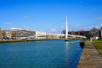Fototapeta premium The Catane cable-stayed pedestrian bridge over the Bassin du Commerce, Le Havre, Normandy, France