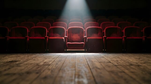Empty theater seats with red chairs and spotlight on wooden stage for movie or drama performance