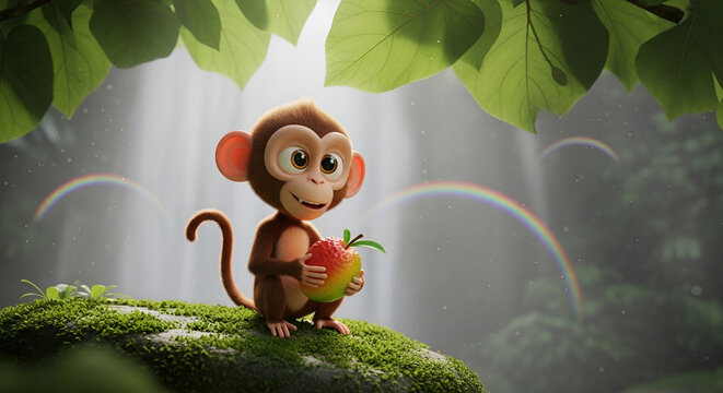 Cute 3D Animated Monkey in Kutralam Jungle Holding Fruit