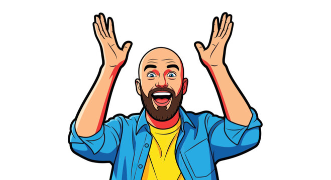 Excited bald man with beard, arms raised in celebration, white background