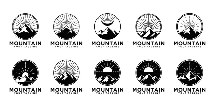 A minimalist mountain logo set with a black and white monoline style, featuring mountain views and the sun for outdoor and adventure branding.