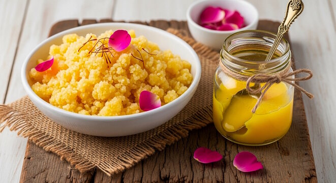 Indian Gujarati traditional sweet Rava halwa also known in India as a Rava Shira barfi made with pure cows ghee in bowl, garnish with saffron, rose petal