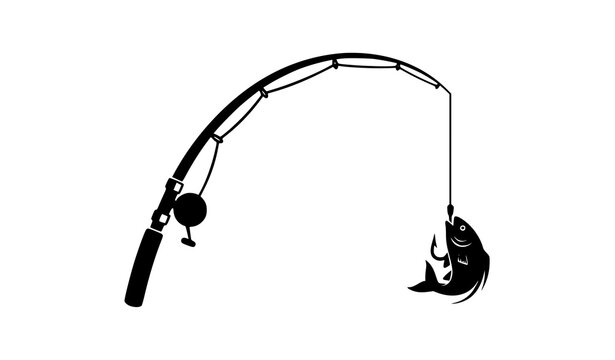 Fishing rod bending with caught fish silhouette bold black vector illustration isolated design