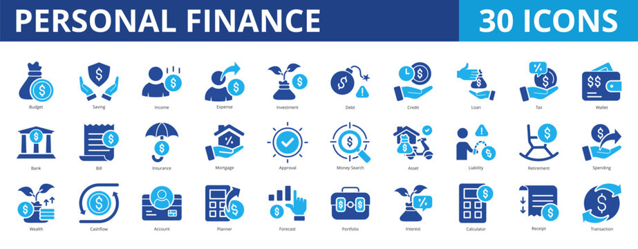 Personal finance icon pack collection set for wealth management and retirement plan. With budget, saving, income, expense, investment, insurance, earning, financial planning, forecast, asset, money