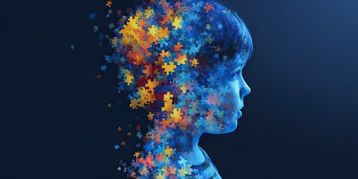 young male child with autism spectrum puzzle pieces - asd Autism spectrum disorder concept for boys, males, and children