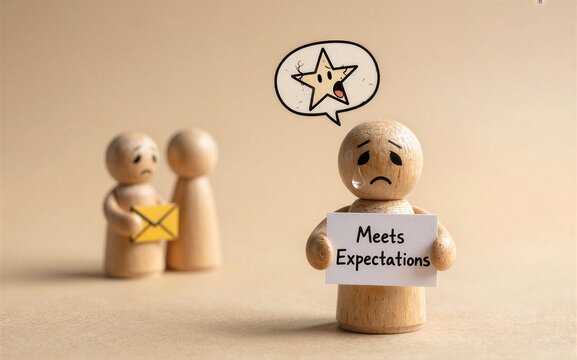Wooden figure holds "Meets Expectations" sign sad face star thought