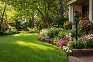 Fototapeta premium Lush green lawn leads to blooming flowers by a brick home's entrance