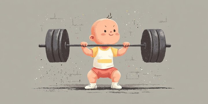 Young baby is lifting weights - heavyweight weightlifter youth with little child