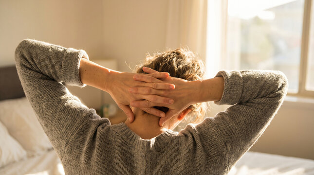 Woman stretching neck muscles in sunny bedroom