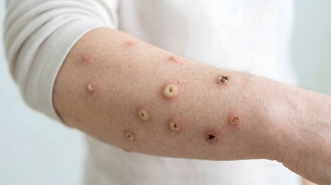 Person with skin lesions on arm, monkeypox.