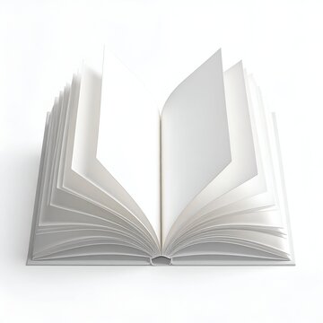 Open book with blank pages on a white background.